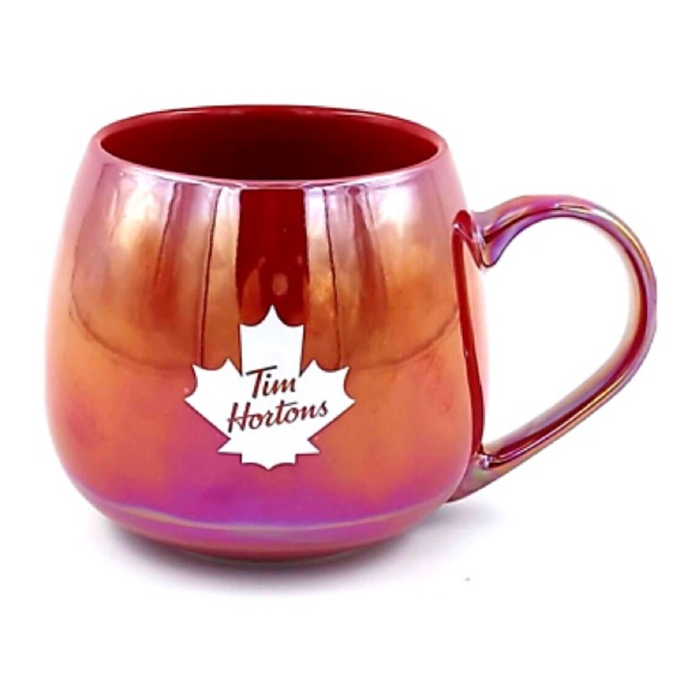 Tim Hortons 2020 Red & White Maple Leaf Barrel Shaped Coffee Mug Cup 12 oz